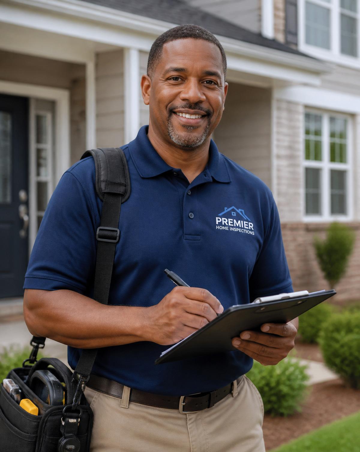 Hatchet Inspection Services home inspector holding a clipboard outside a residential home