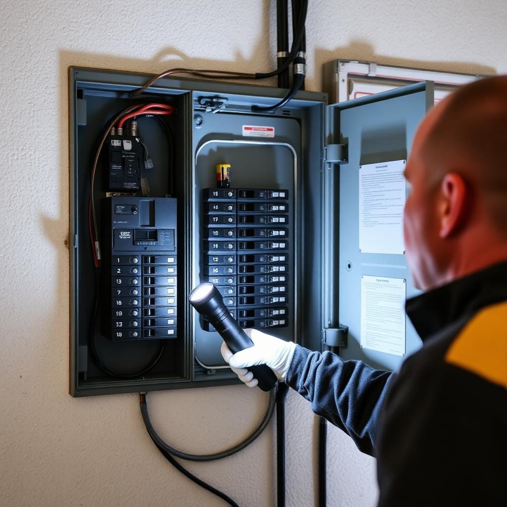 Inspecting a residential electrical breaker panel with a flashlight