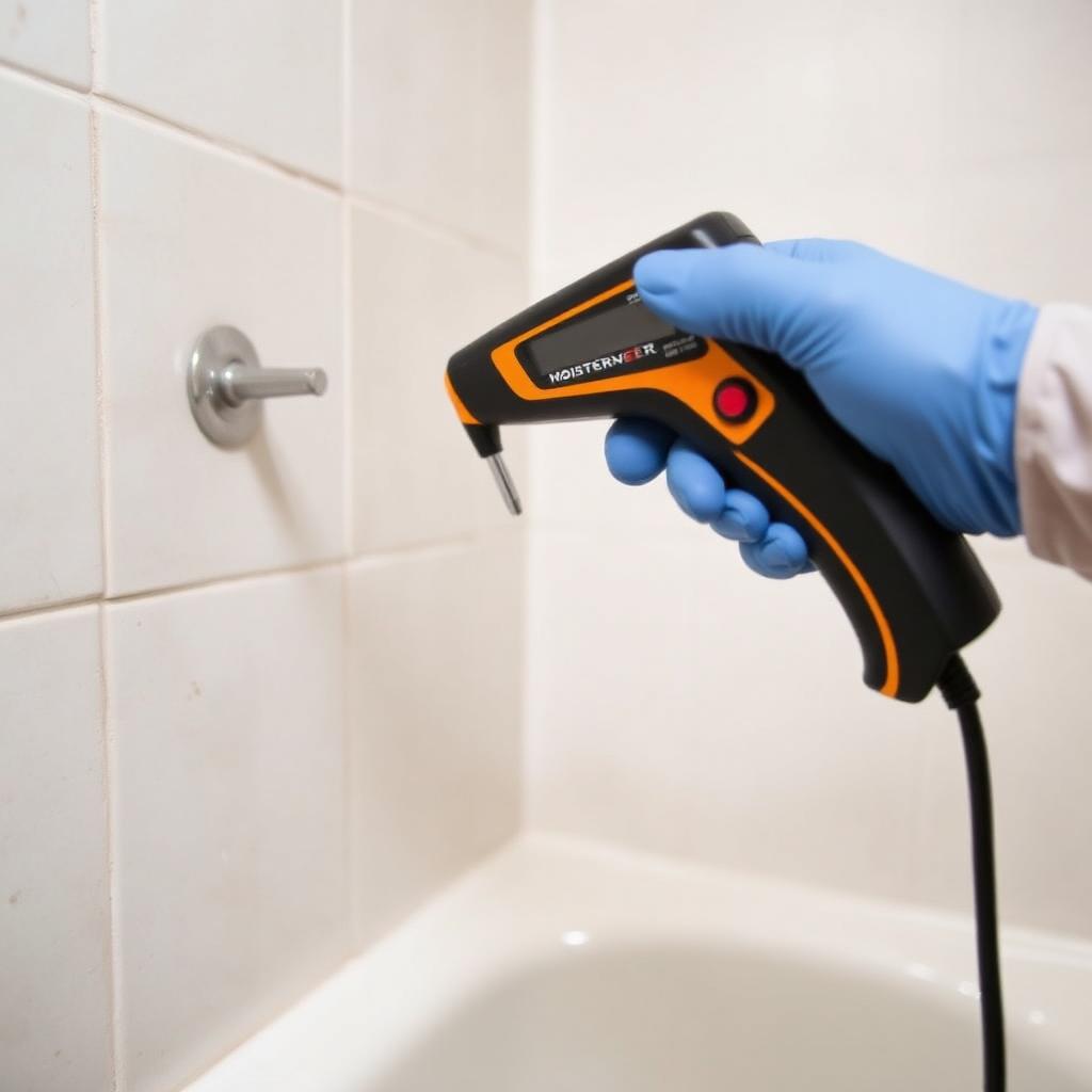 Moisture meter reading on a bathroom wall near a tub