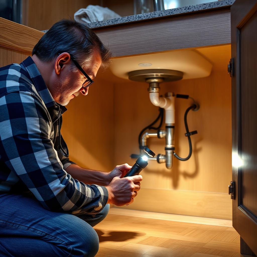 Under-sink plumbing inspection with a flashlight