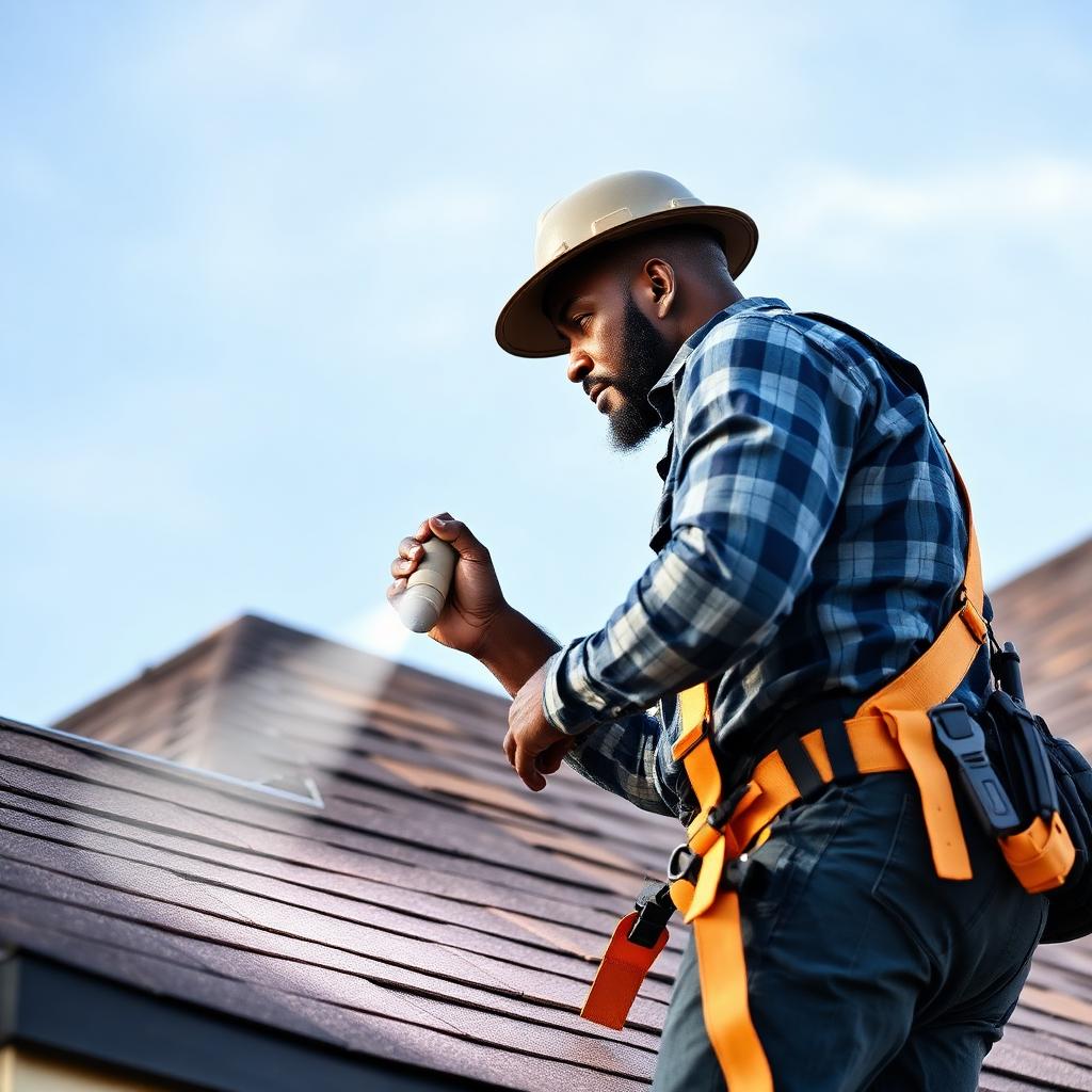Home inspector examining shingles and flashing on a residential roof